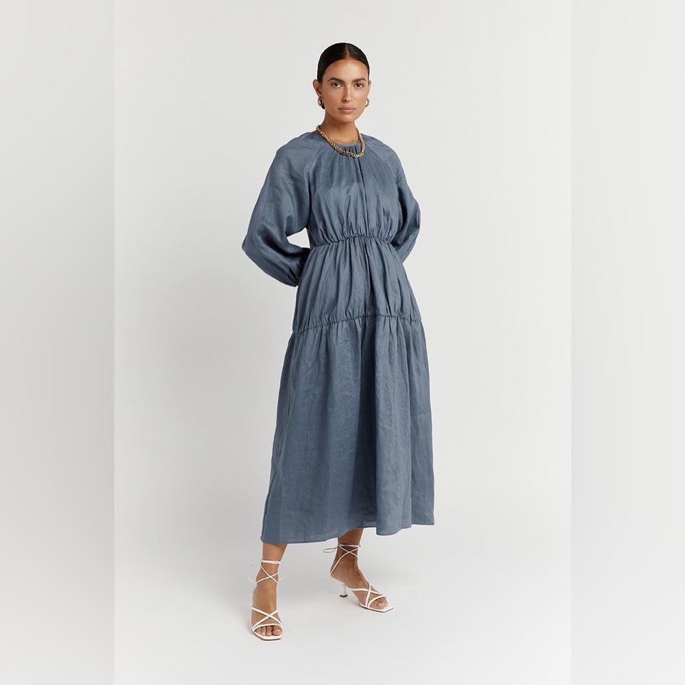 DISSH Slate Blue Gathered Waist Tiered Midi Dress